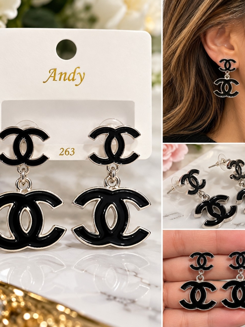 Andy Black Double CC Drop Earrings